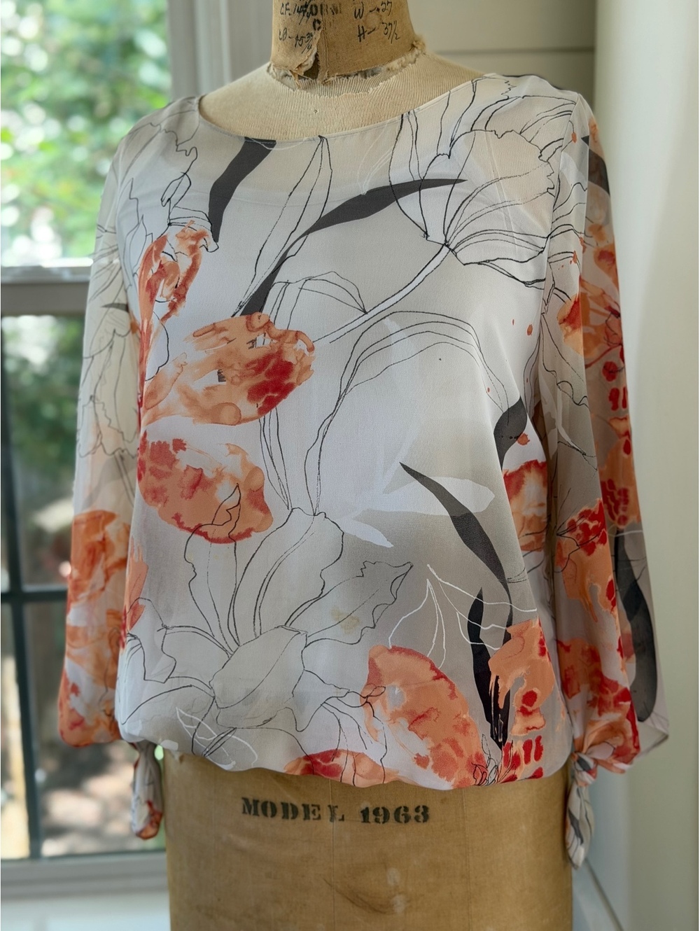 Alfani Coquette Watercolor Floral Sheer Chiffon Bubble Hem Blouse Top Women SM